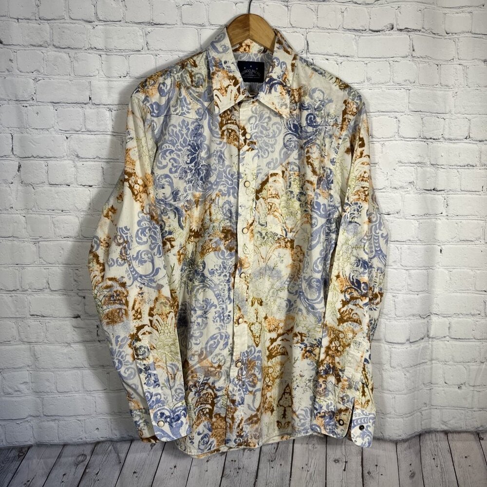 Indigo Palm Tommy Bahama Pearl Snap Shirt Men Large Blue Brown‎ Paisley Cotton